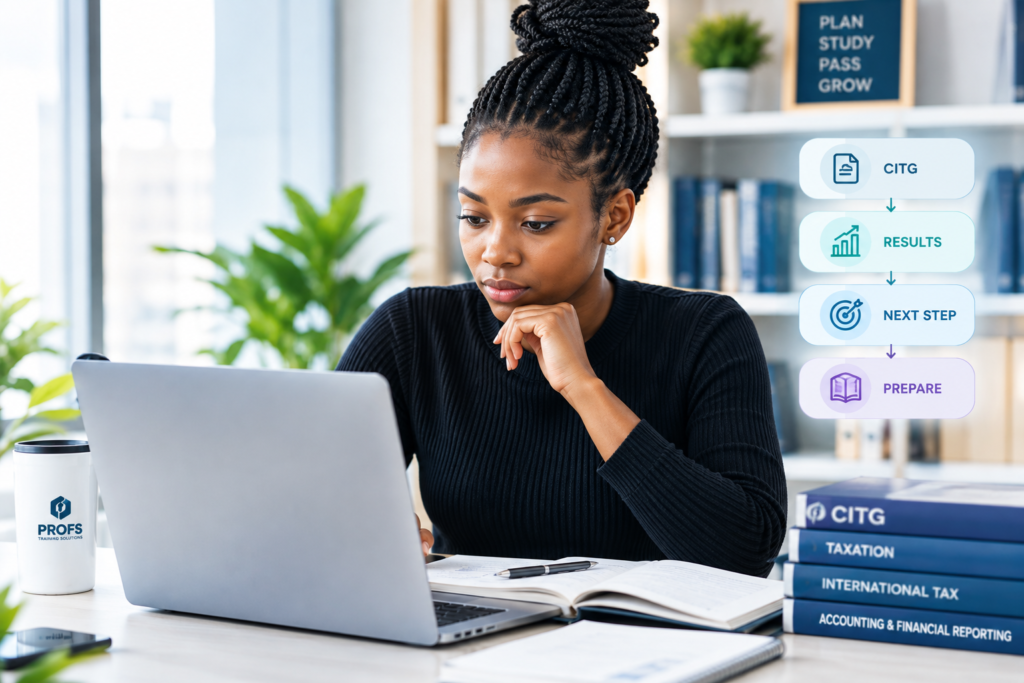 A CITG candidate studying at a laptop with Profs taxation textbooks, and the CITG to results to next step to prepare sequence